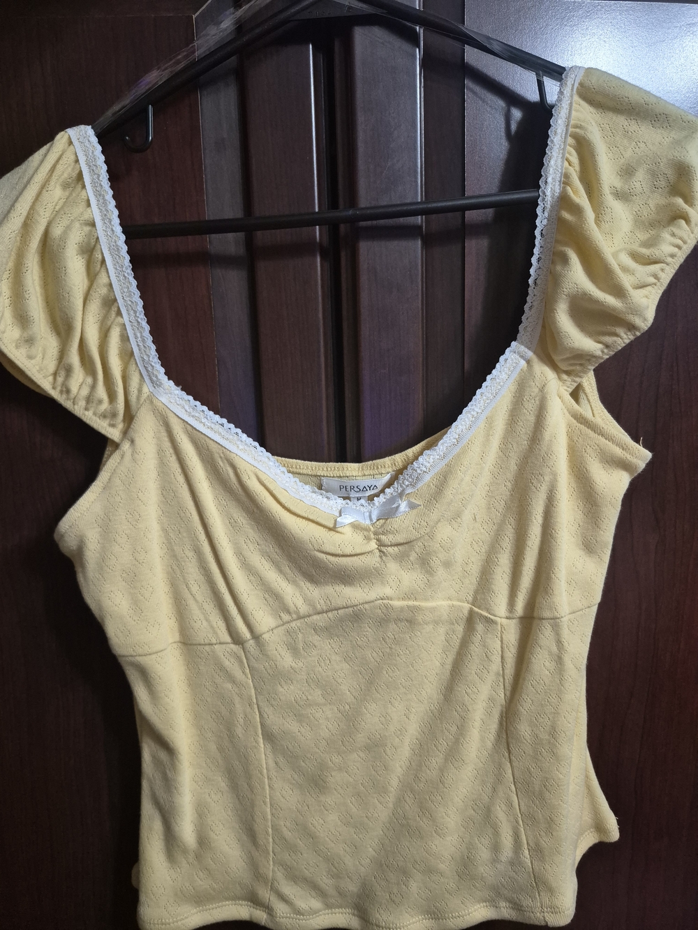 Persaya Lemon Yellow Lace-Trim Scoop Neck Top